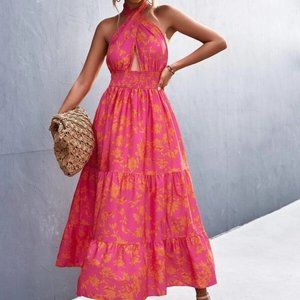 Boho Floral Shirred Waist Ruffle Hem Maxi Dress